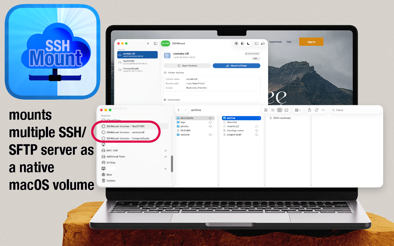 Illustration of a mounted SFTP volume in the Finder sidebar, showing remote folders and files in a list view.